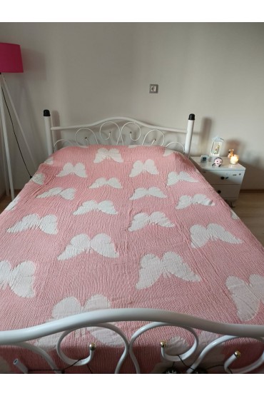 Pink Handwoven Muslin Bedspread with Butterfly Pattern