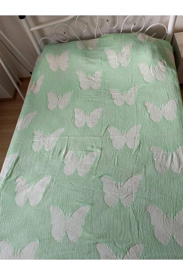 Green Handwoven Muslin Bedspread with Butterfly Pattern