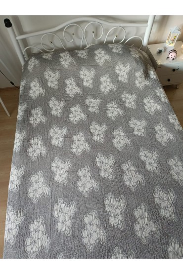 Grey Handwoven Muslin Bedspread with Floral Pattern