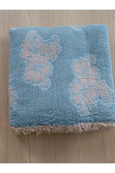 Blue Handwoven Muslin Bedspread with Floral Pattern